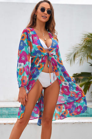 Printed Long Sleeve Tie Front Cover Up - Sydney So Sweet