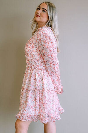 Plus Size Floral V-Neck Frill Long Sleeve Dress - Sydney So Sweet