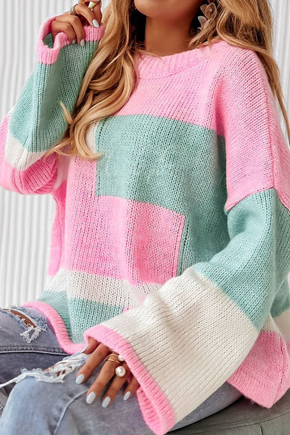 Color Block Round Neck Drop Shoulder Sweater - Sydney So Sweet