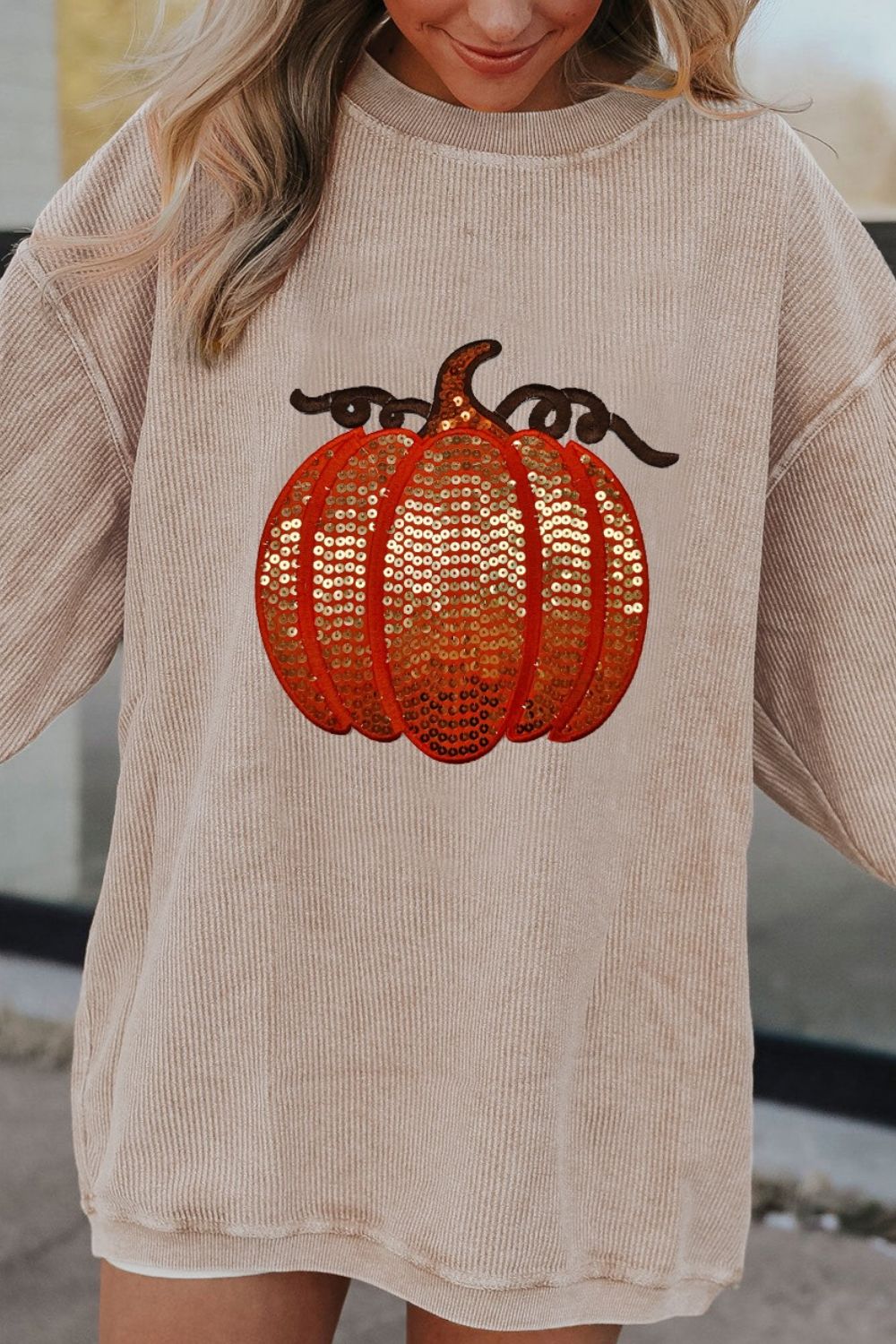 Sequin Pumpkin Round Neck Long Sleeve Sweatshirt - Sydney So Sweet