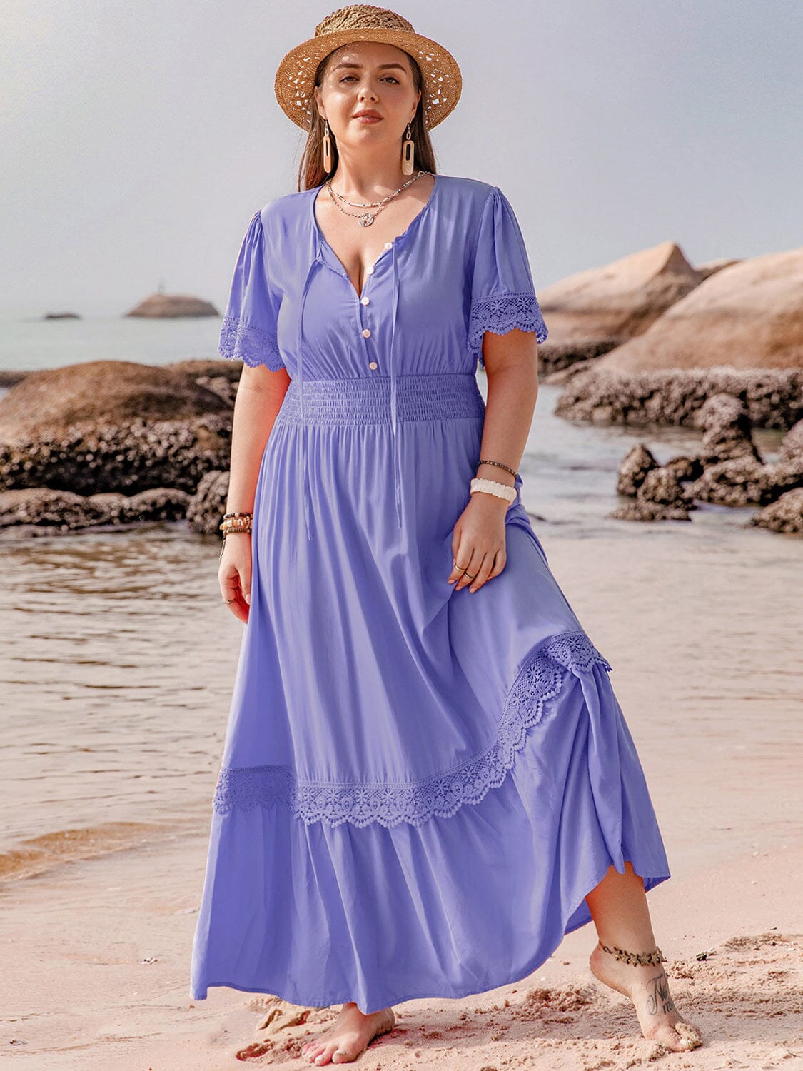 Plus Size Lace Detail Tie Neck Short Sleeve Maxi Dress - Sydney So Sweet