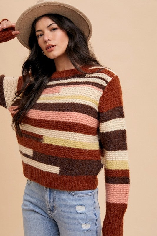 Annie Wear Color Block Round Neck Long Sleeve Sweater - Sydney So Sweet