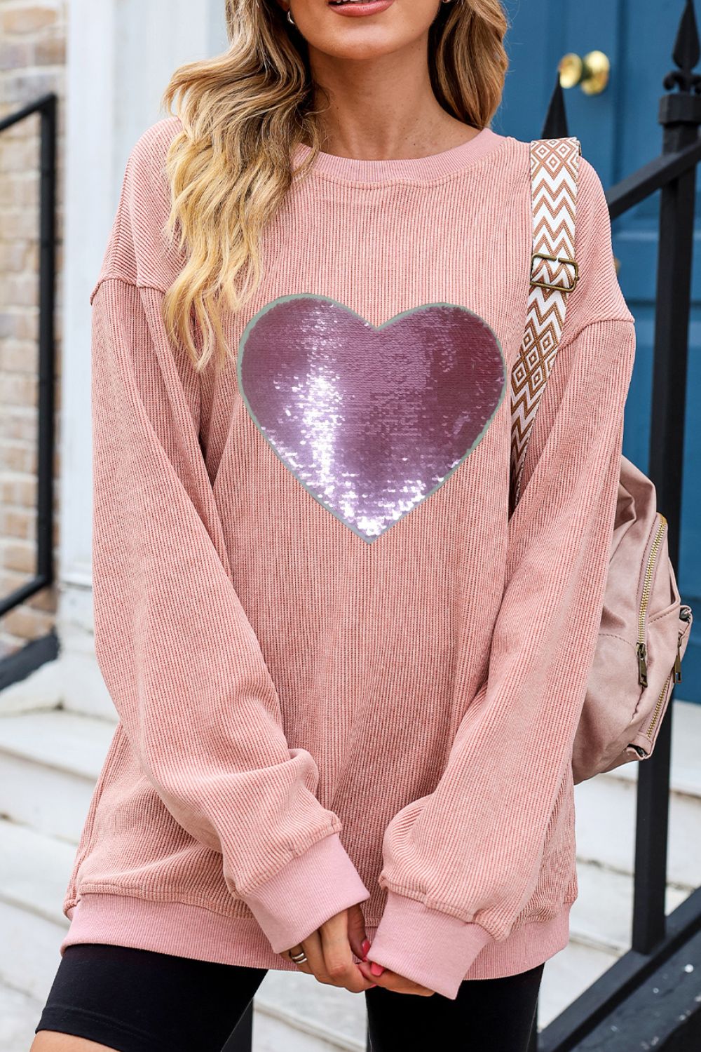 Valentine’s Day Sequin Heart Round Neck Long Sleeve Sweatshirt - Sydney So Sweet