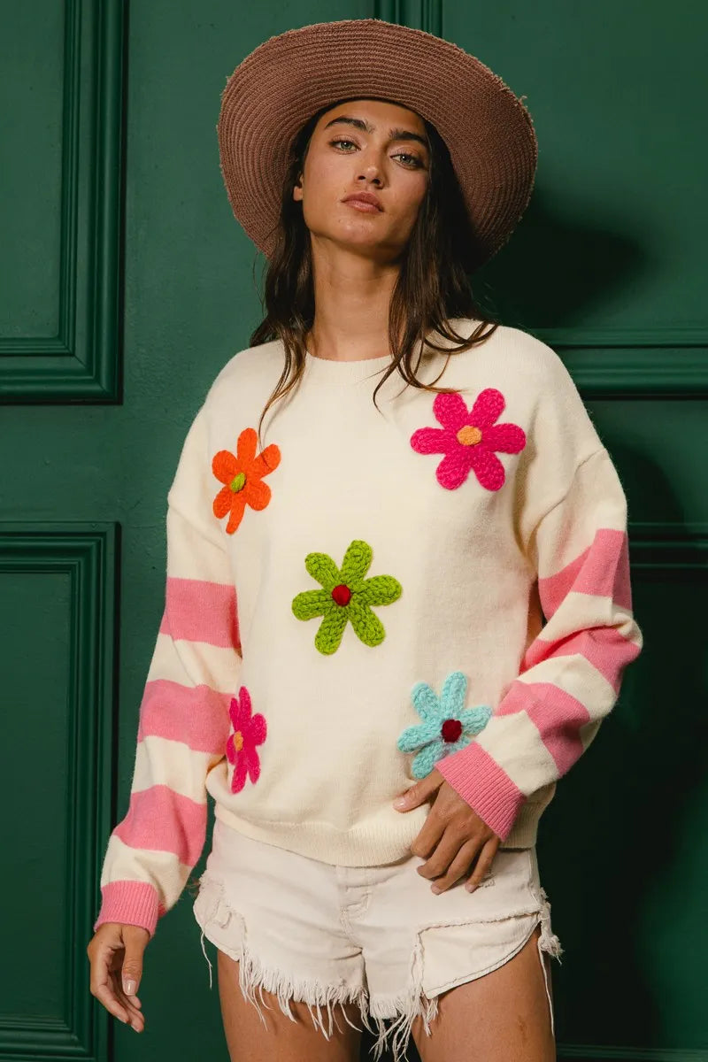 BiBi Colorful Floral Patched Sweater with Striped Sleeve - Sydney So Sweet