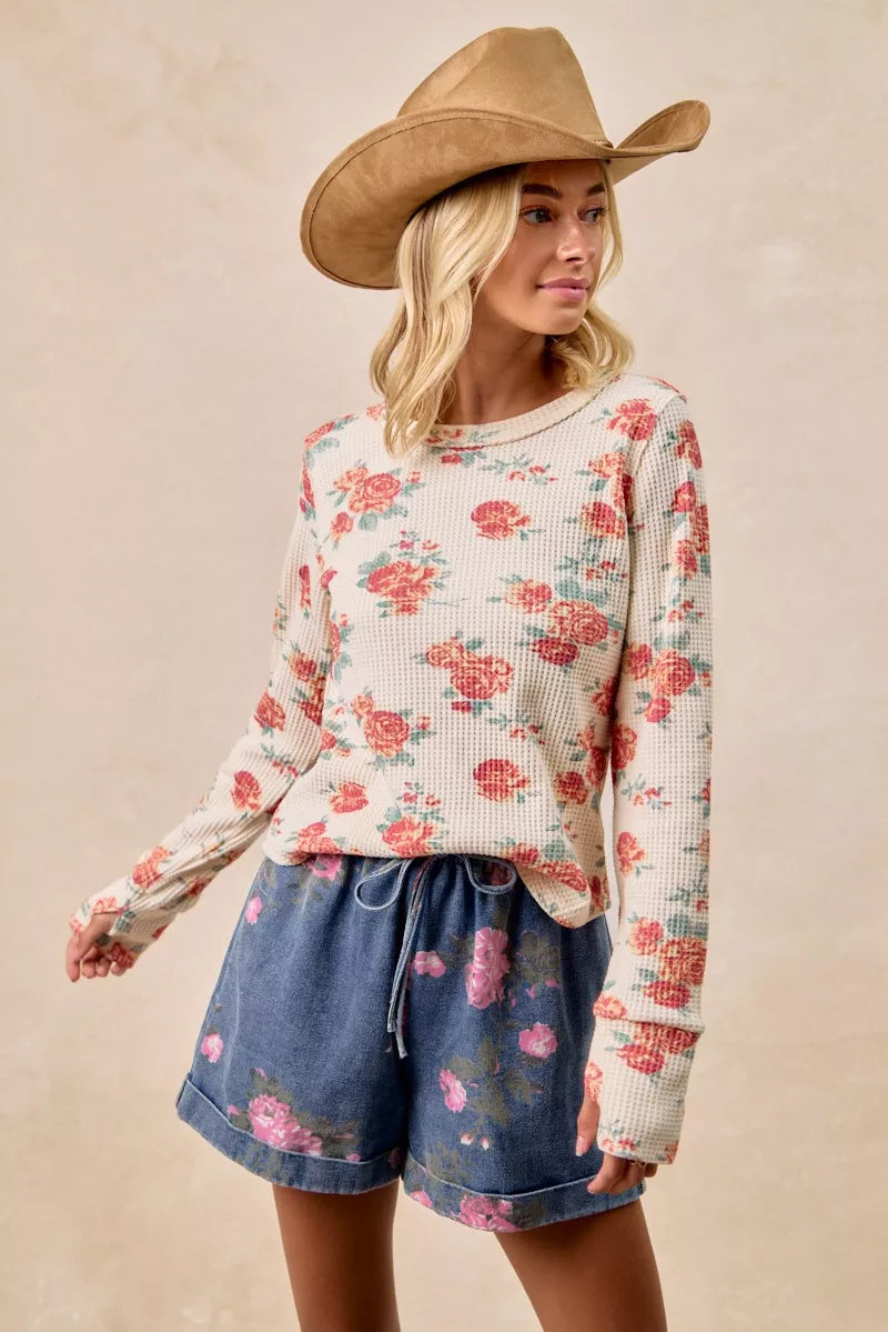 BiBi Floral Print Washed Waffle Thermal Top With Thumb - Sydney So Sweet