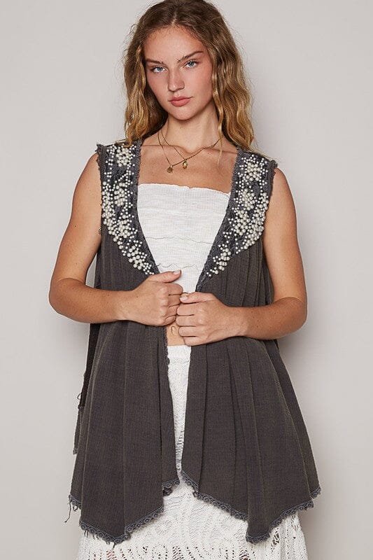 POL Embroidered Pearls Open Front Sleeveless Cardigan - Sydney So Sweet