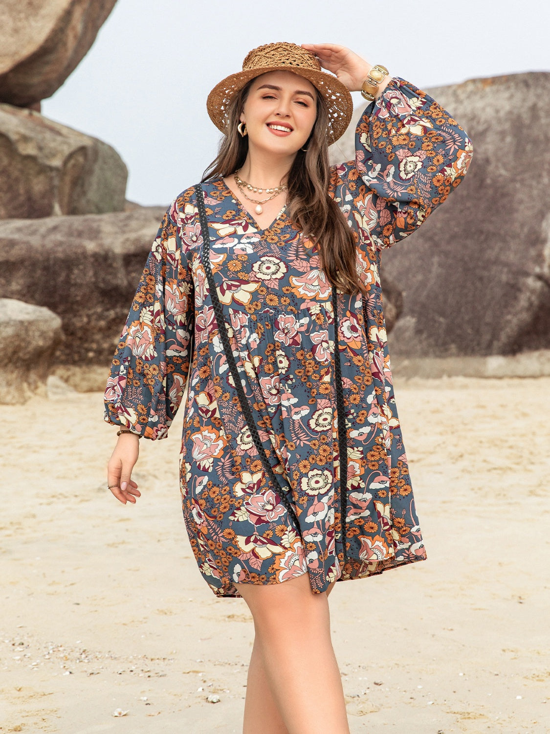 Plus Size Printed V-Neck Balloon Sleeve Mini Dress - Sydney So Sweet