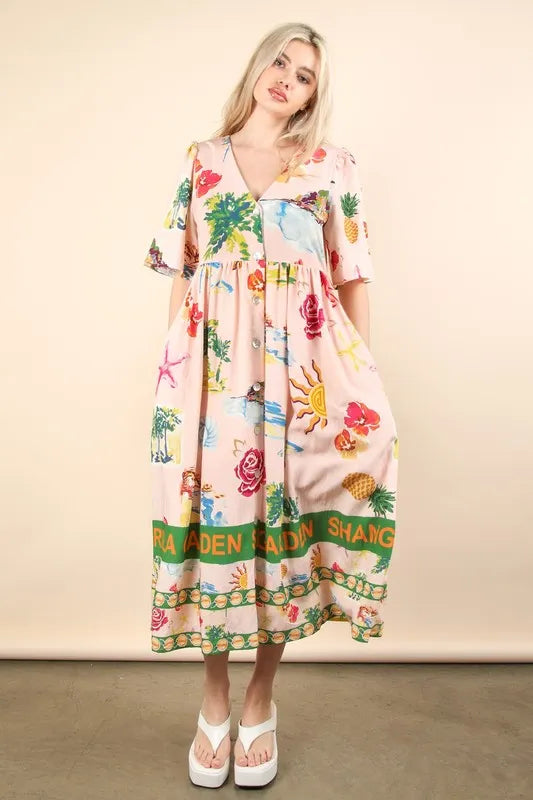 VERY J Button Down Printed Midi Dress - Sydney So Sweet