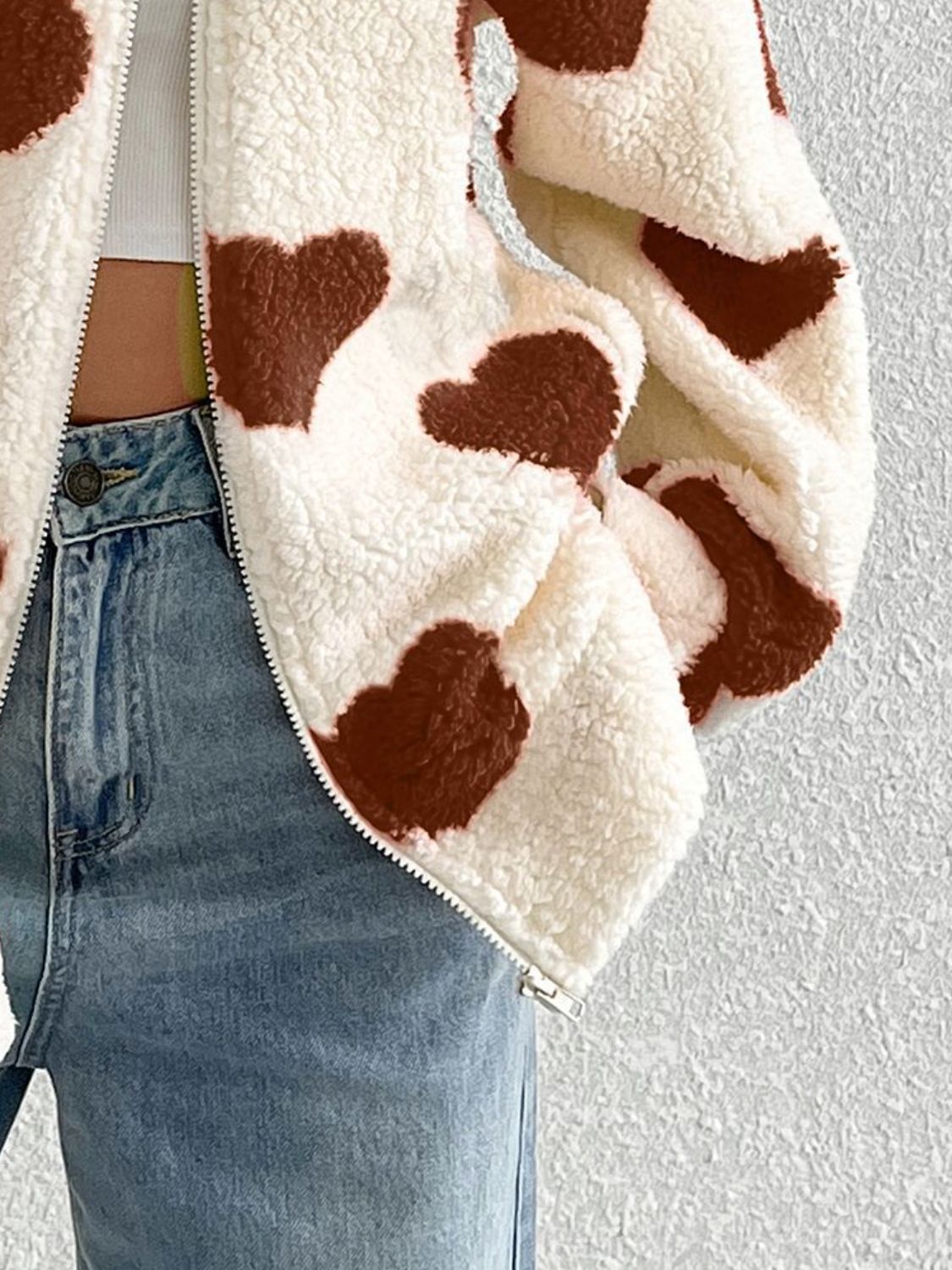 Heart Zip Up Drop Shoulder Furry Jacket - Sydney So Sweet