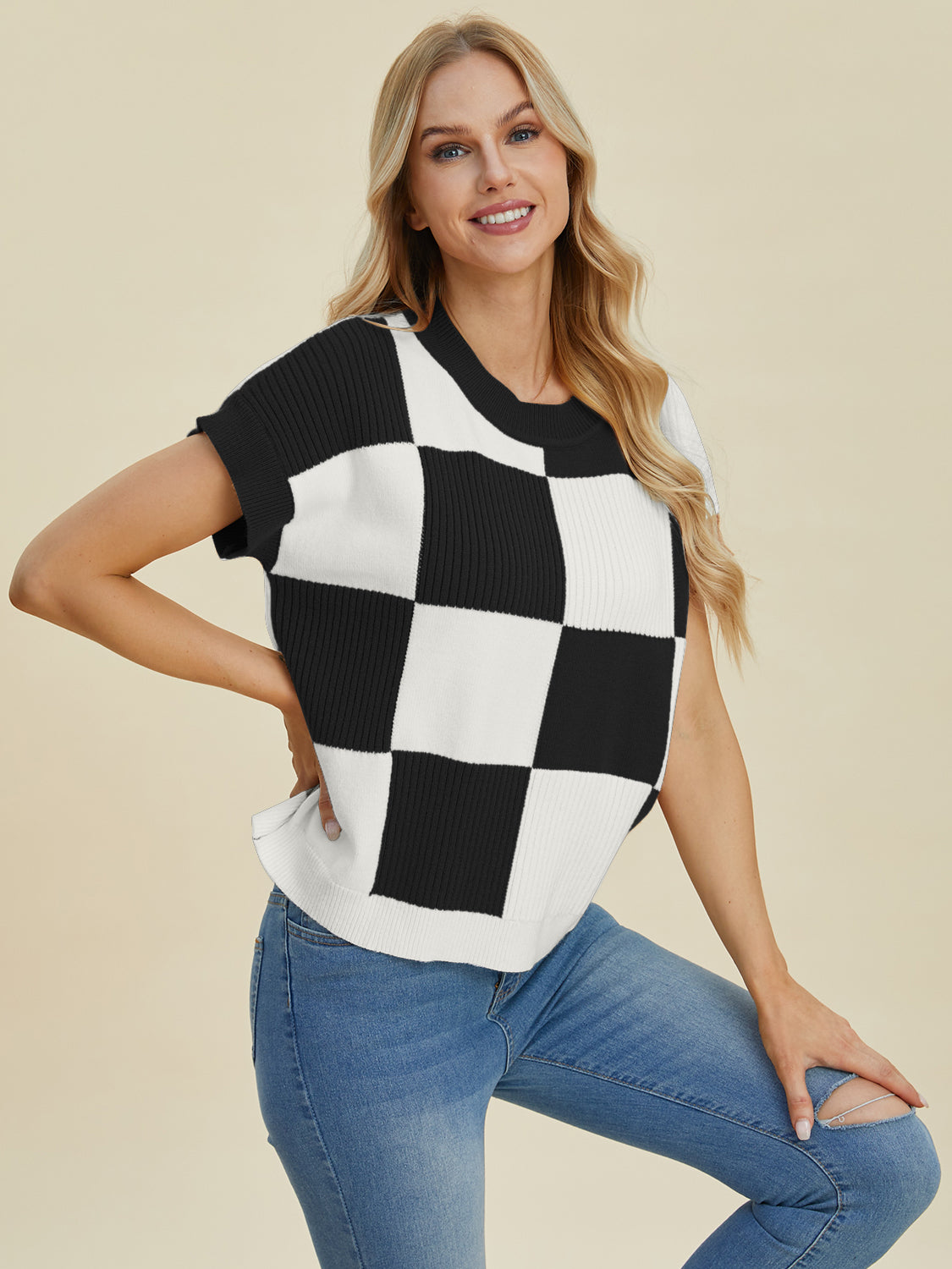 Double Take Full Size Checkered Round Neck Short Sleeve Sweater - Sydney So Sweet