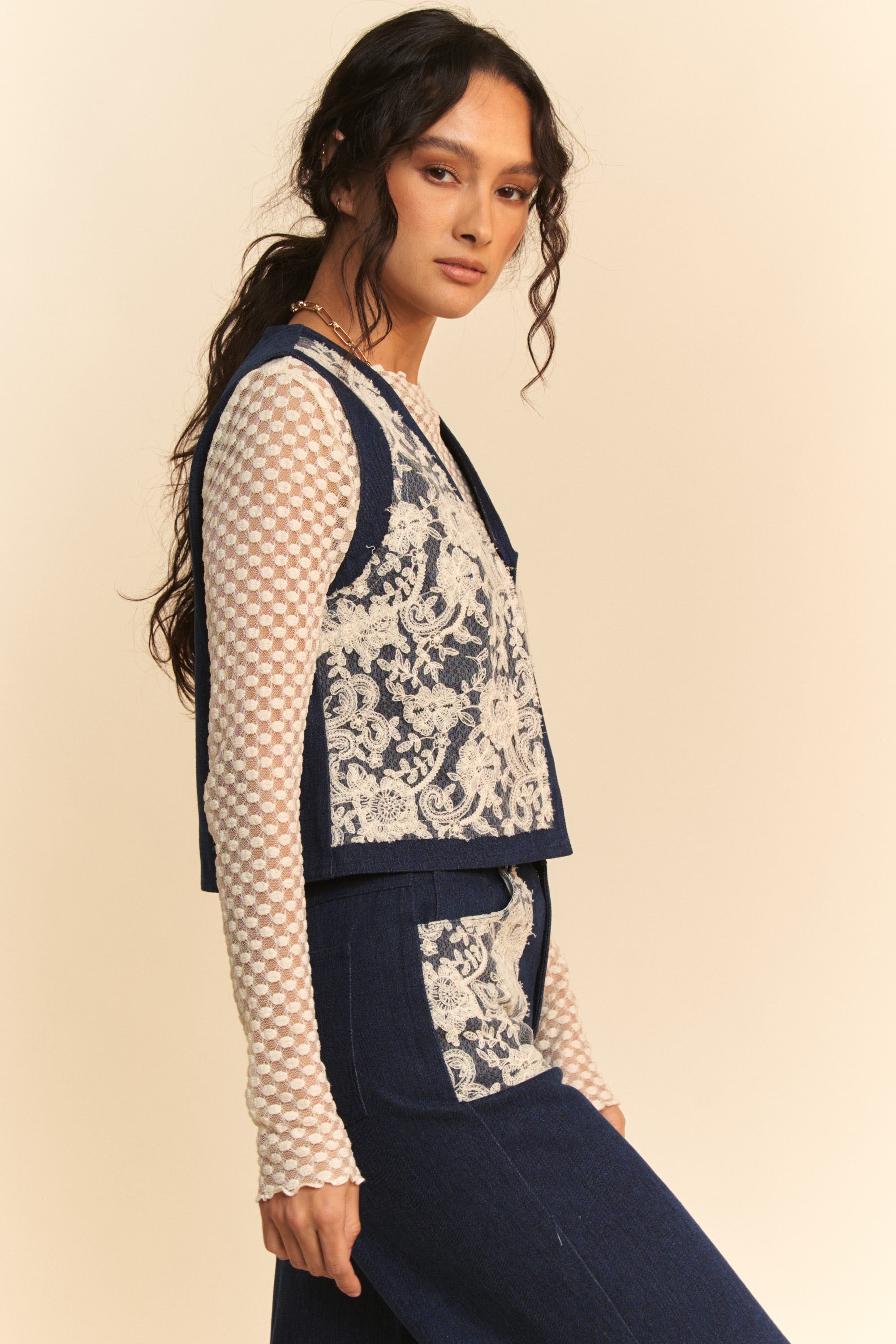 Davi & Dani Lace Patch Open Front Denim Vest - Sydney So Sweet