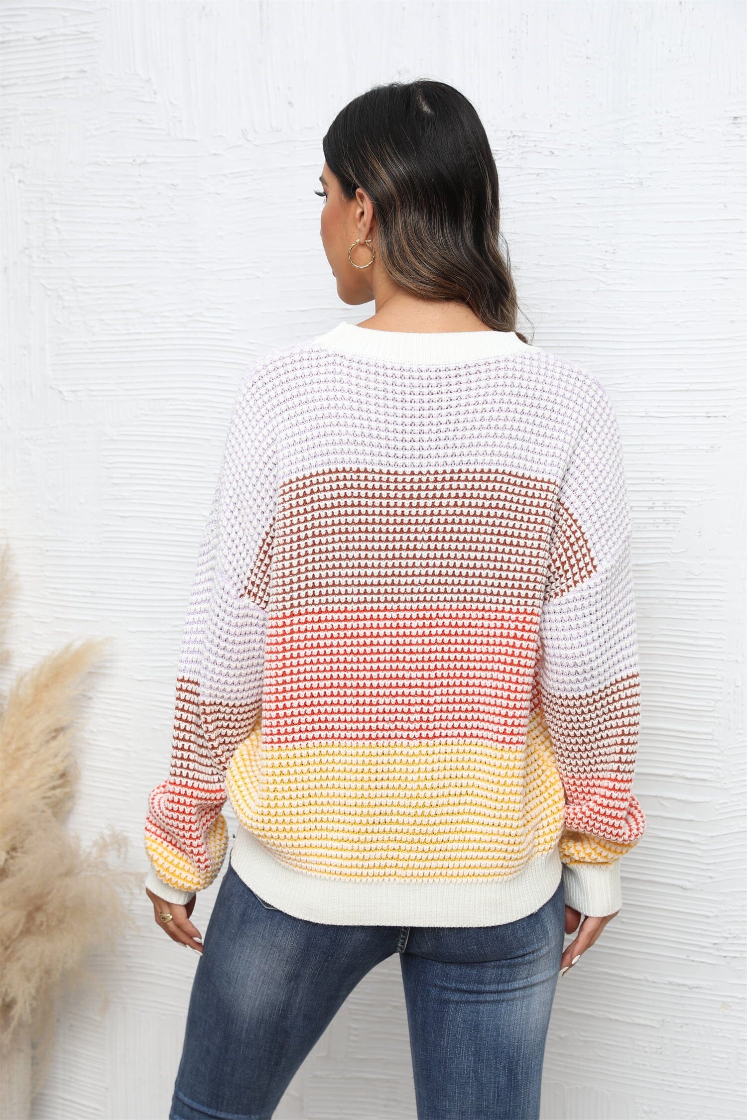 Waffle-Knit Round Neck Dropped Shoulder Color Block Sweater - Sydney So Sweet