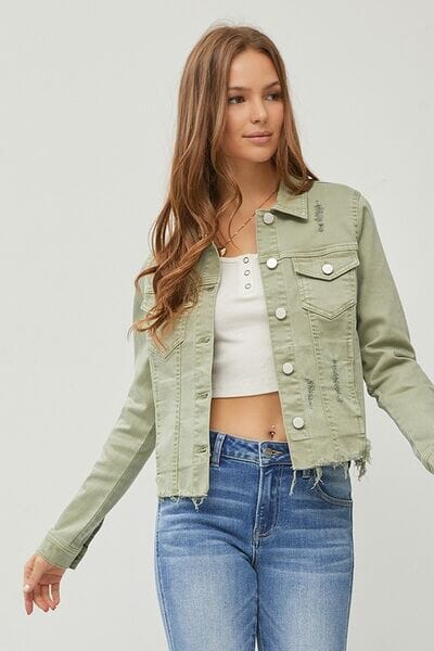 RISEN Full Size Raw Hem Button Up Cropped Denim Jacket Plus Size - Sydney So Sweet