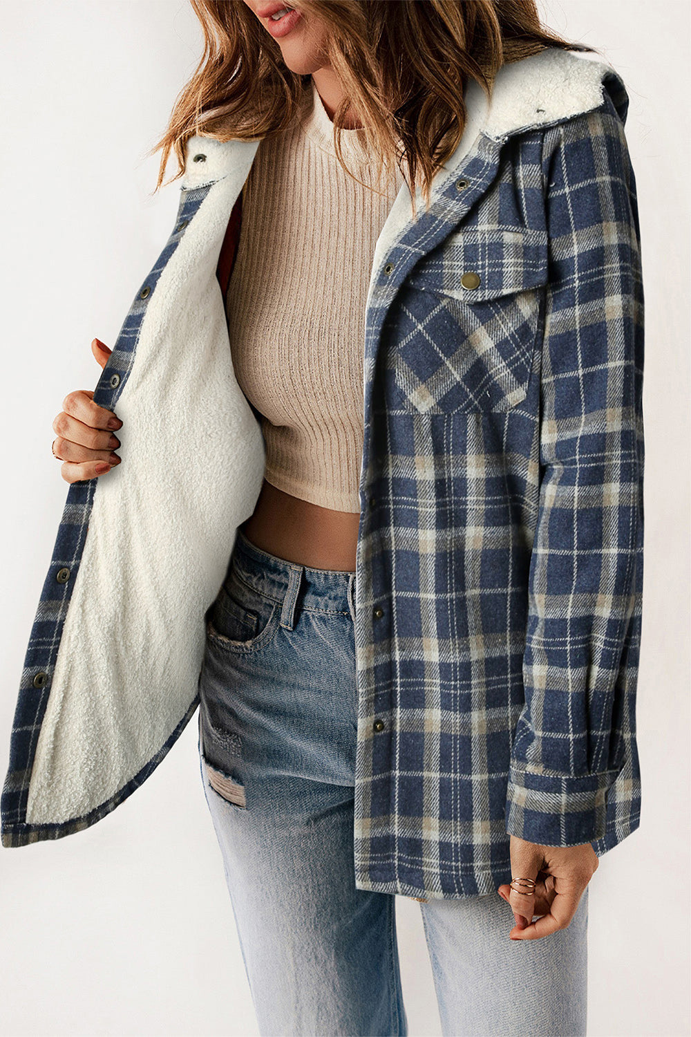 Plaid Snap Down Hooded Jacket - Sydney So Sweet