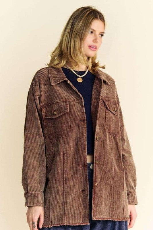 Davi & Dani Washed Corduroy Raw Hem Button Up Jacket - Sydney So Sweet