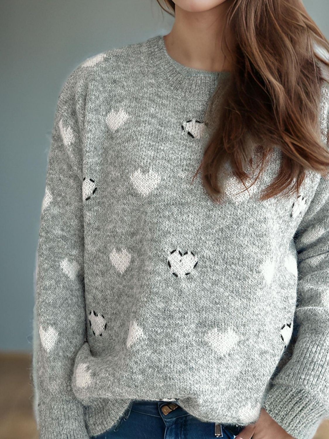 Heart Round Neck Long Sleeve Sweater - Sydney So Sweet