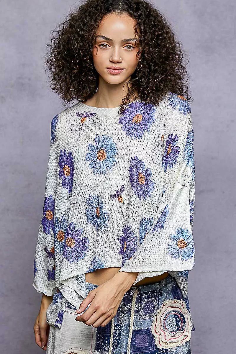 POL Floral Round Neck Rolling Edge Sweater - Sydney So Sweet