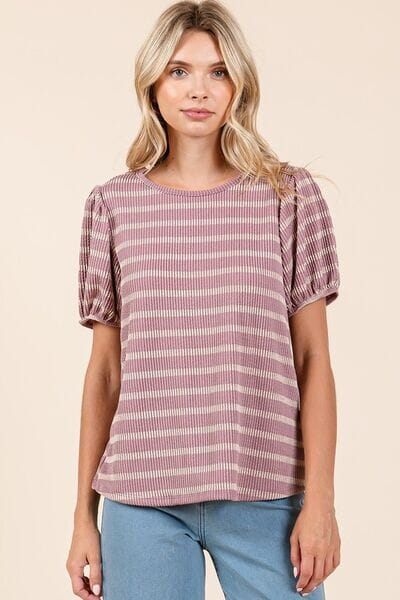 Mittoshop Contrast Striped Short Puff Sleeve Knit Top - Sydney So Sweet
