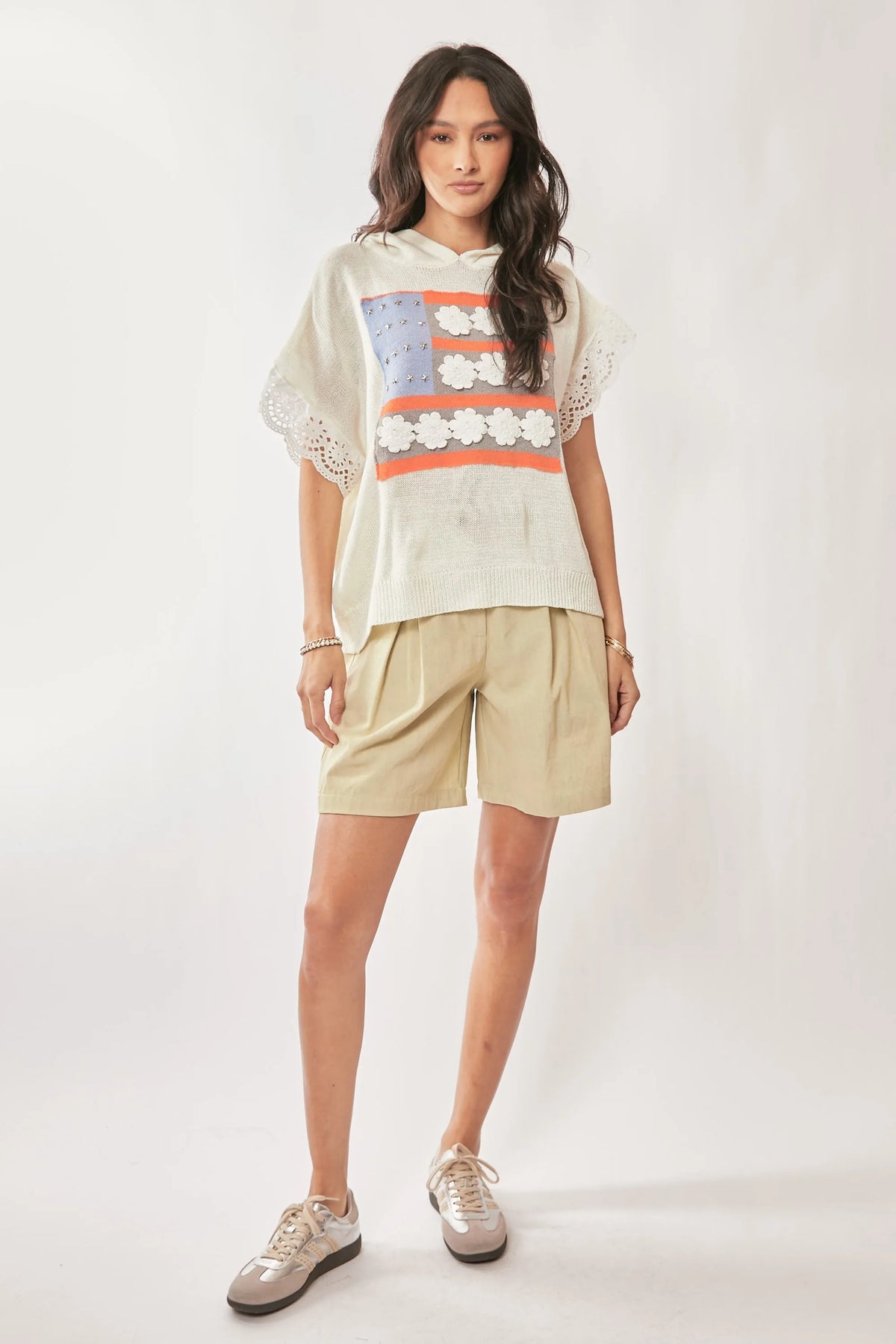 Davi & Dani American Flag Loose Fit Lace Sleeve Hoodie Top - Sydney So Sweet