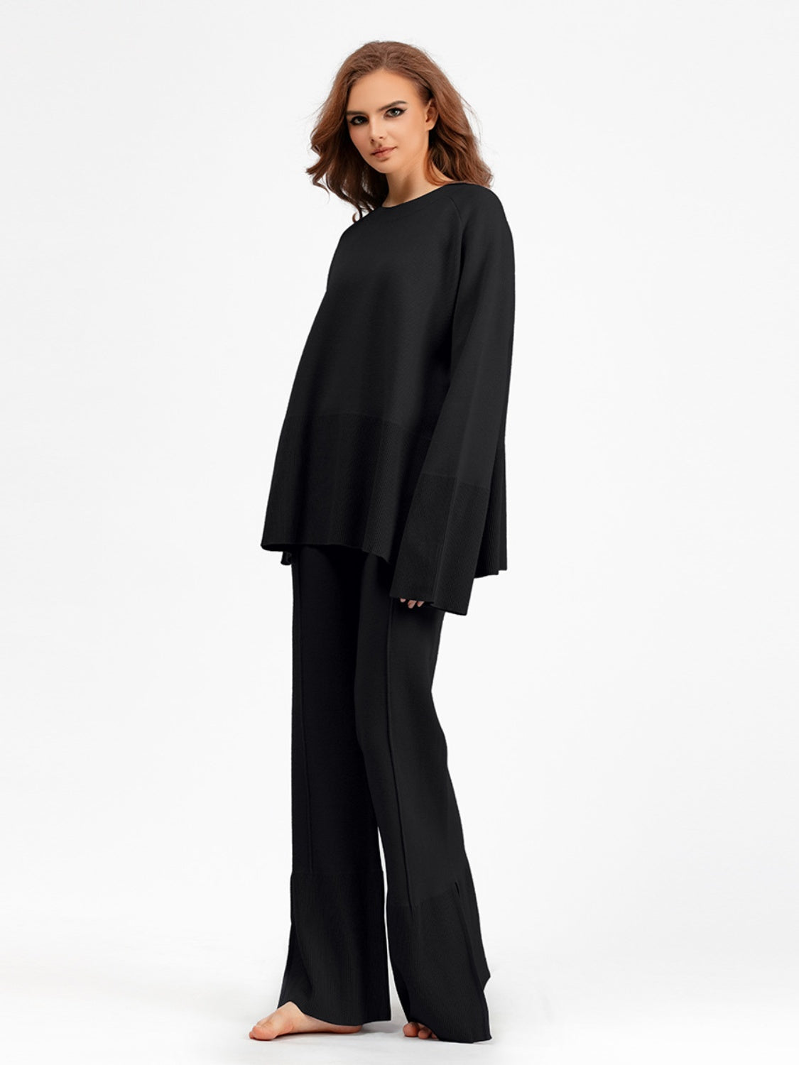 Basic Bae Slit Round Neck Long Sleeve Top and Drawstring Pants Sweater Set - Sydney So Sweet