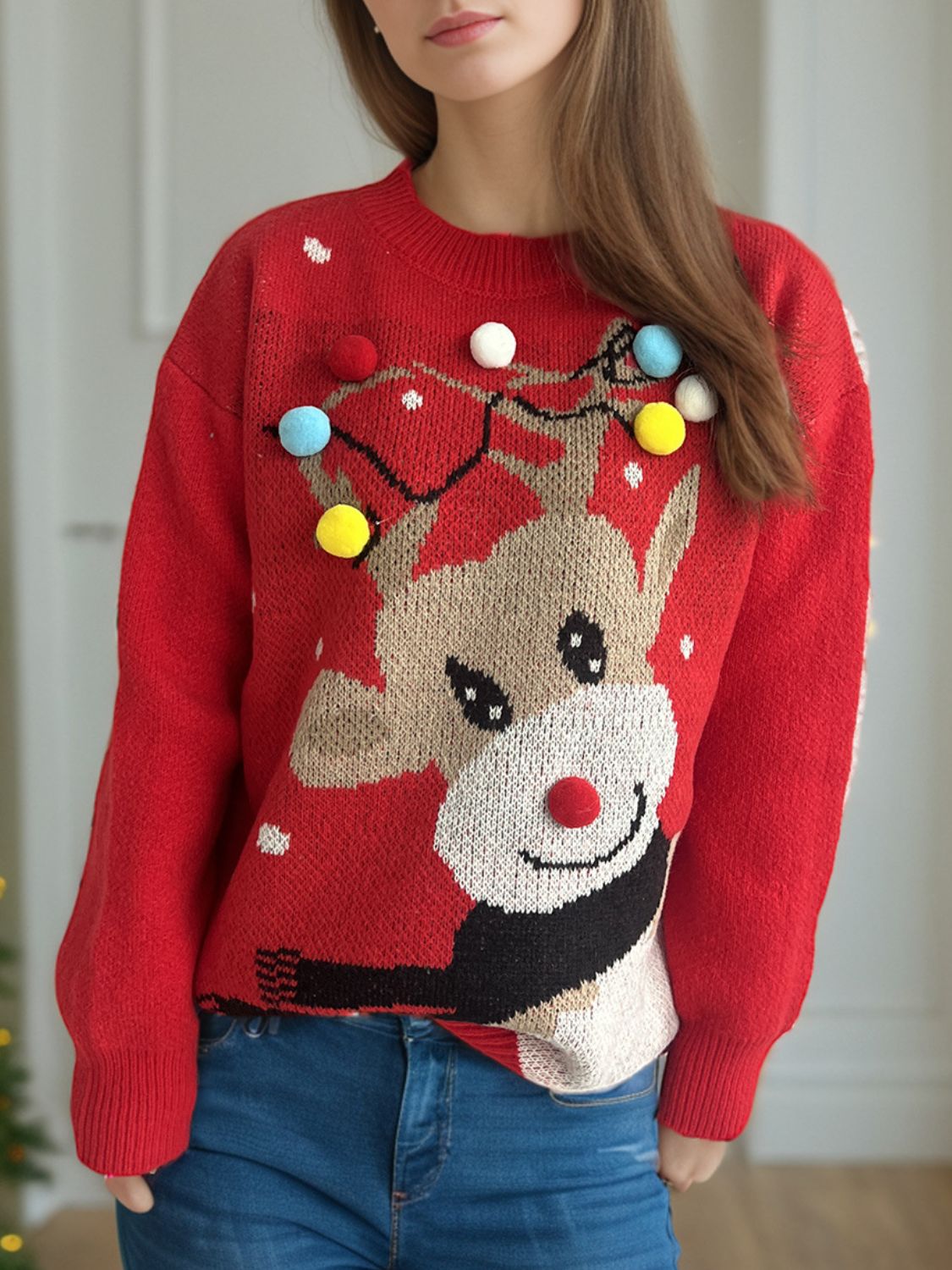 Reindeer Round Neck Long Sleeve Sweater - Sydney So Sweet