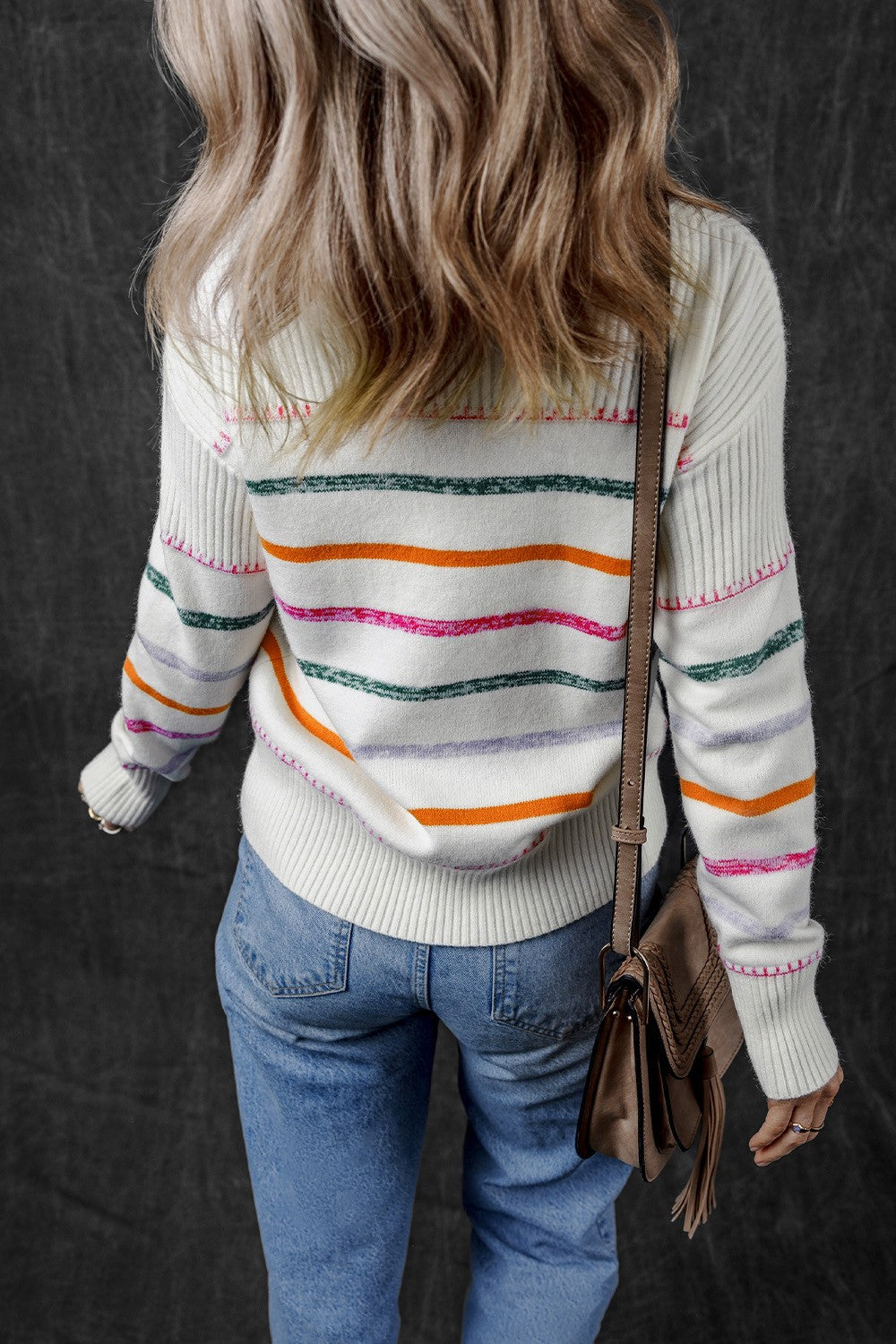 Striped Round Neck Dropped Shoulder Sweater - Sydney So Sweet