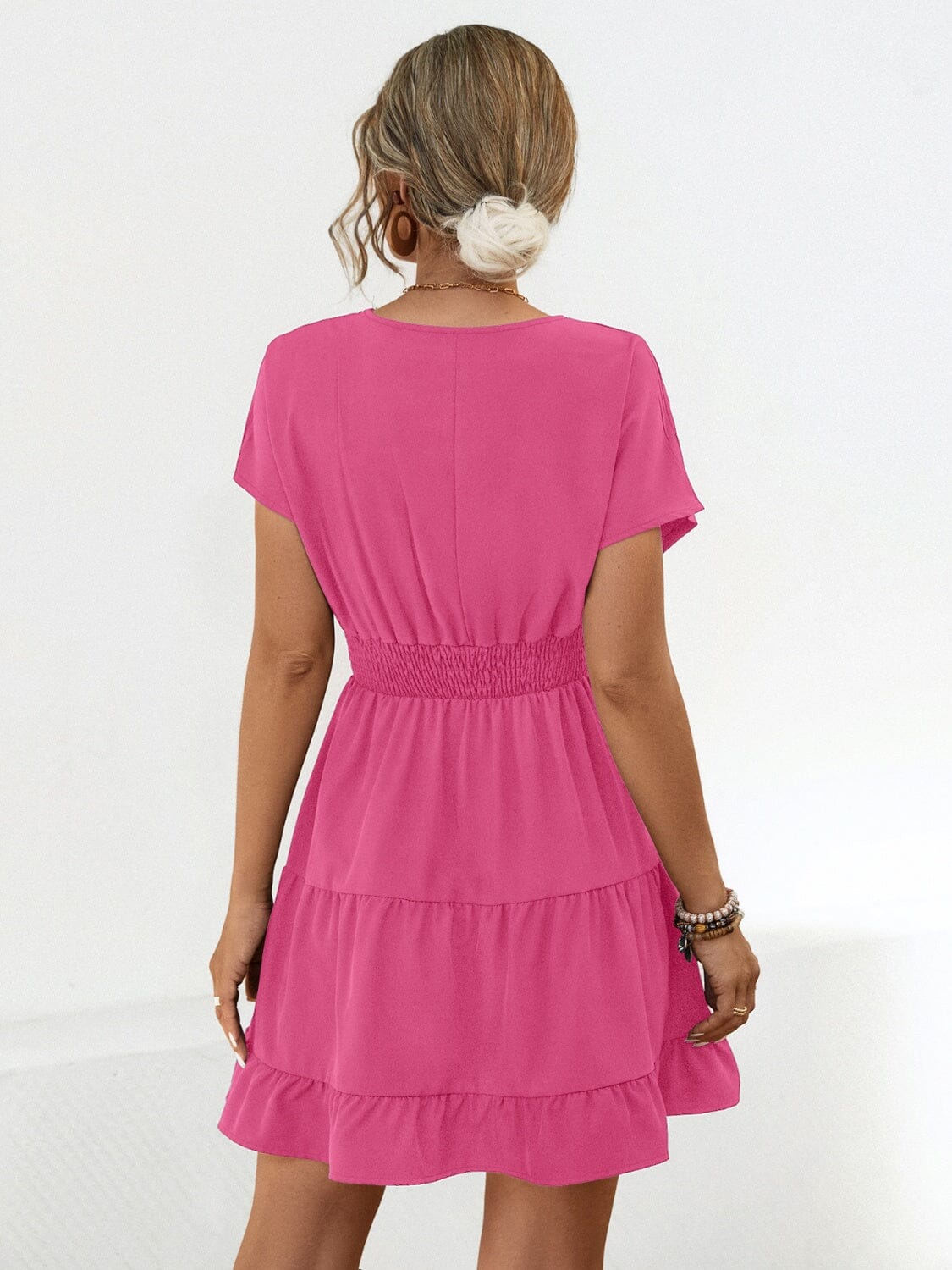 Ruffled Smocked V-Neck Tiered Dress - Sydney So Sweet