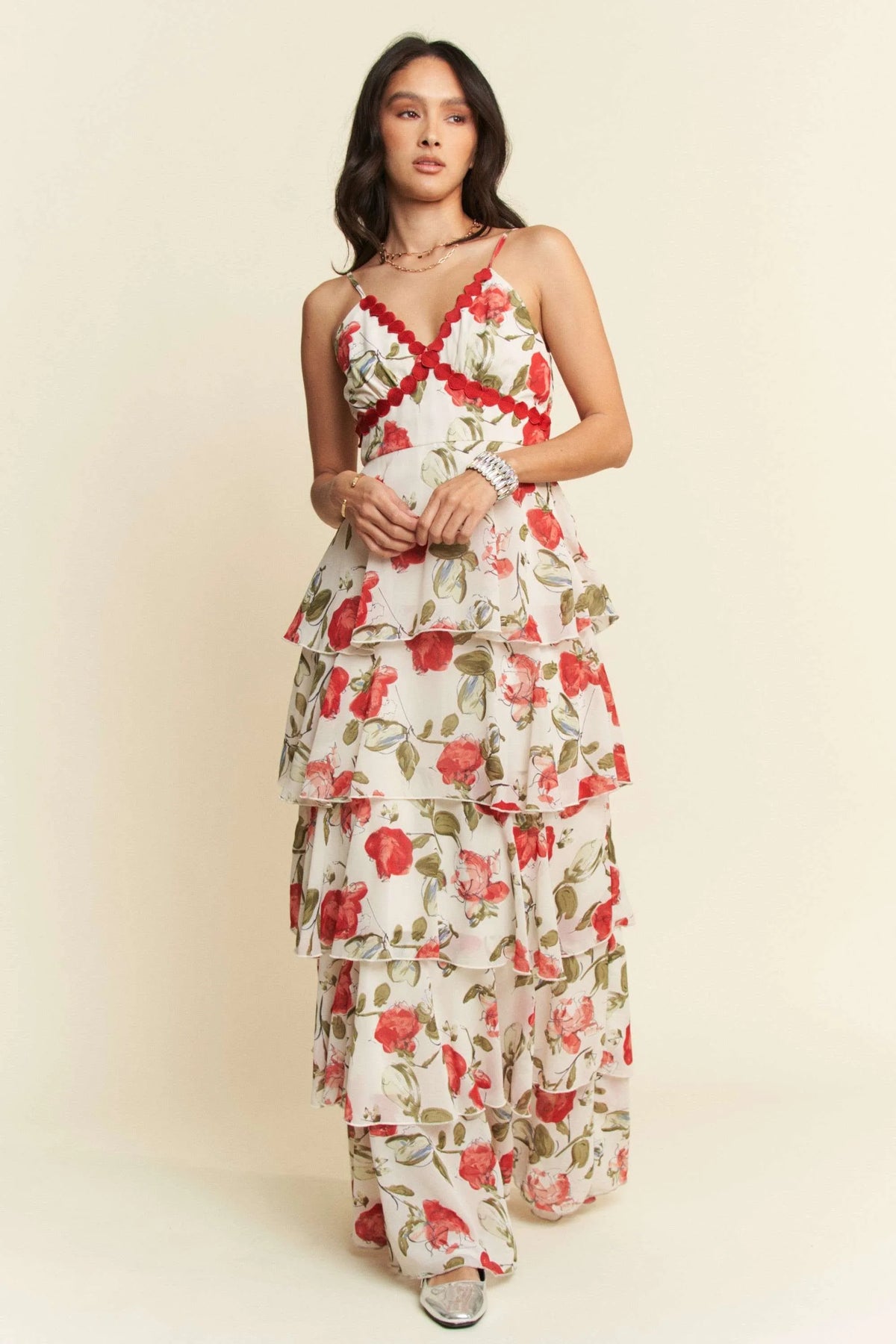 Davi & Dani Contrast Ring Lace Layered Ruffle Maxi Cami Dress - Sydney So Sweet