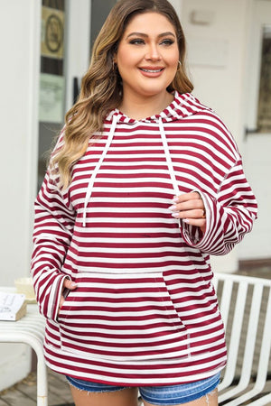 Plus Size Drawstring Striped Dropped Shoulder Hoodie - Sydney So Sweet