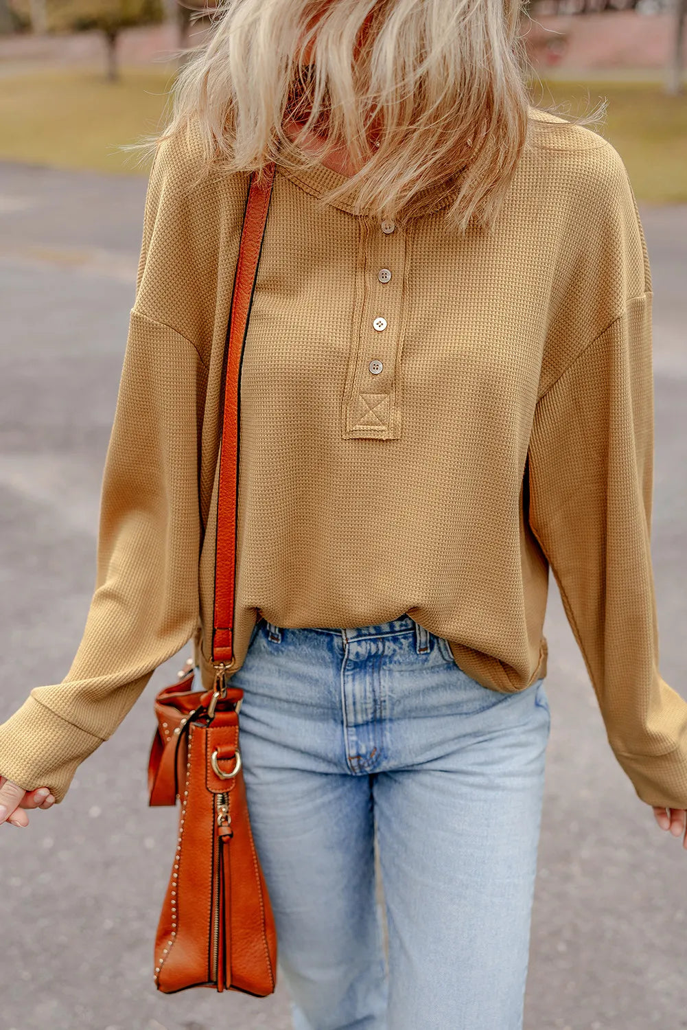 Waffle-Knit Half Button Round Neck Long Sleeve Top - Sydney So Sweet