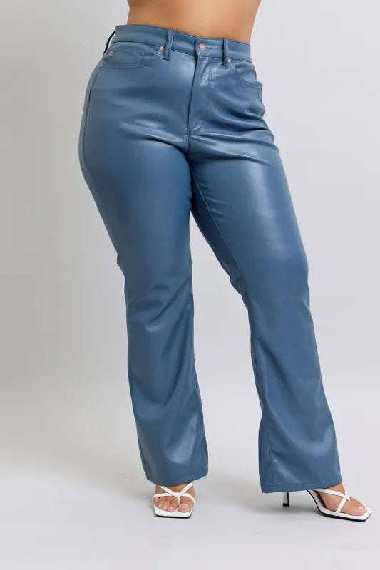 Judy Blue Full Size High Waist Tummy Control Faux Leather Bootcut Pants Plus Size - Sydney So Sweet