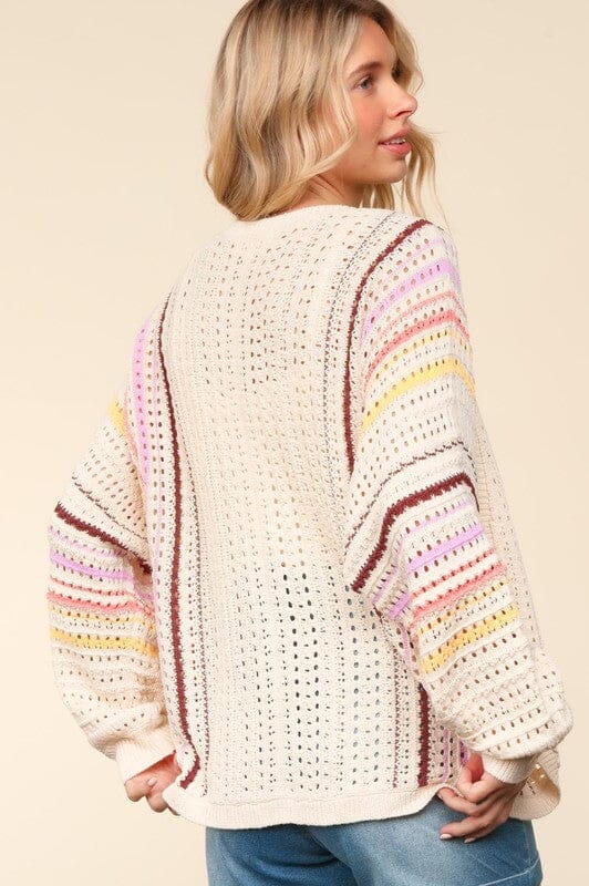 Haptics Full Size Striped Crochet Open Front Cardigan - Sydney So Sweet