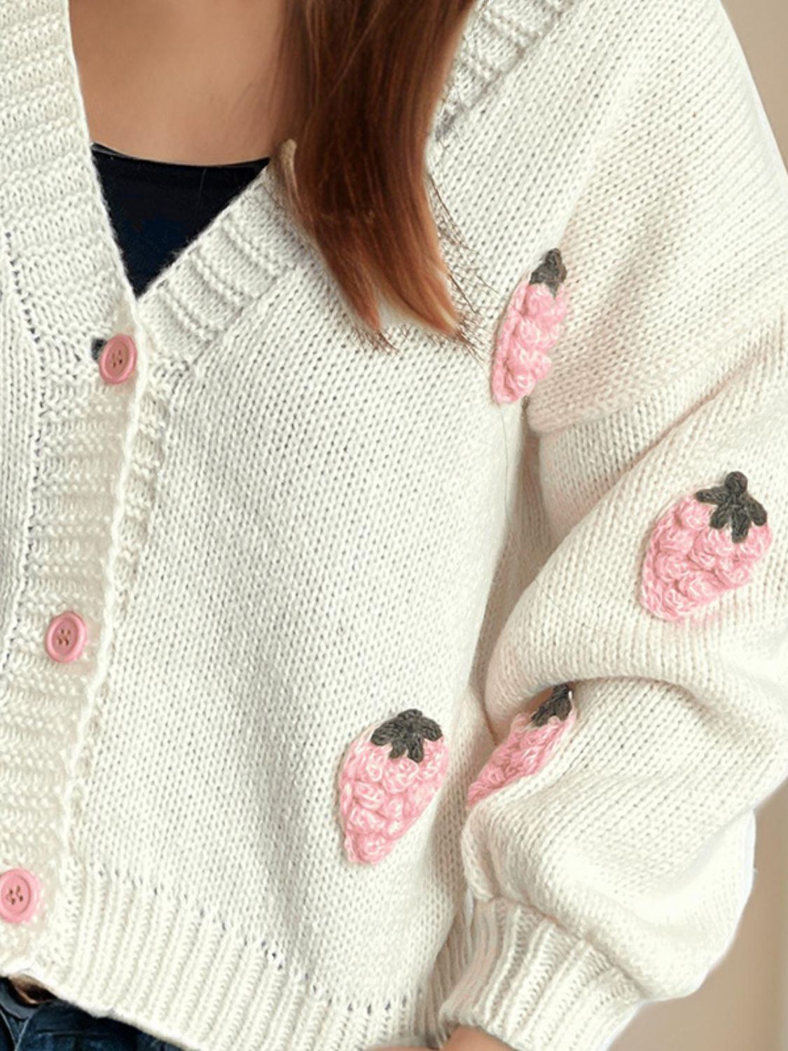 Crochet Strawberry V-Neck Long Sleeve Cardigan - Sydney So Sweet