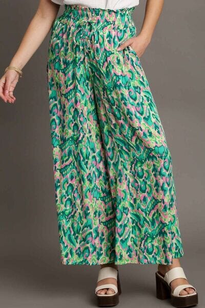 Umgee Full Size Mixed Print High Waist Wide Leg Pants Plus Size - Sydney So Sweet