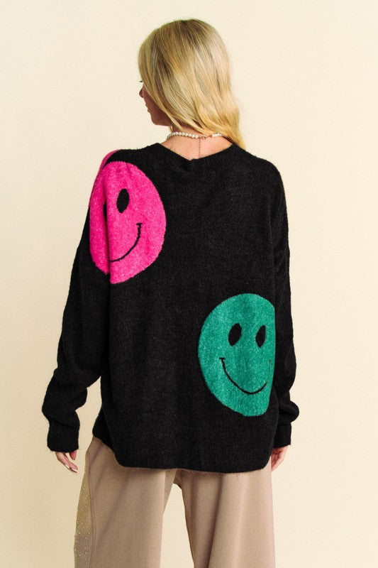 Davi & Dani Contrast Smile Round Neck Oversize Sweater - Sydney So Sweet