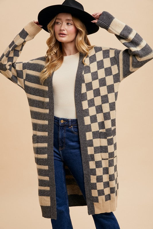 Annie Wear Checkered & Striped Open Front Long Sleeve Cardigan - Sydney So Sweet