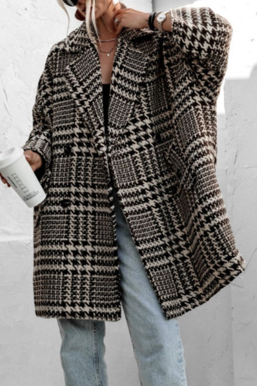 Houndstooth Collared Neck Long Sleeve Coat with Pockets - Sydney So Sweet