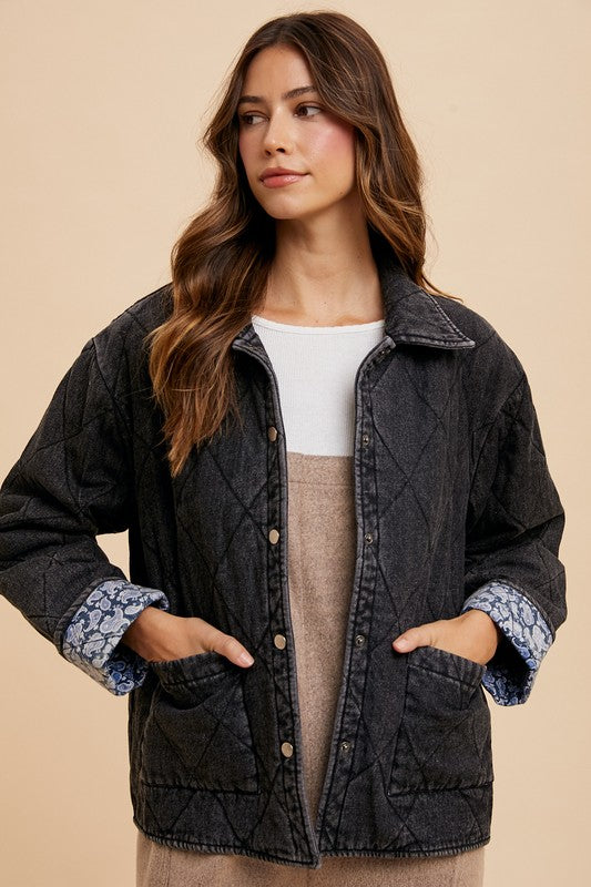 Annie Wear Quilted Printed Lining Snap Down Denim Jacket - Sydney So Sweet