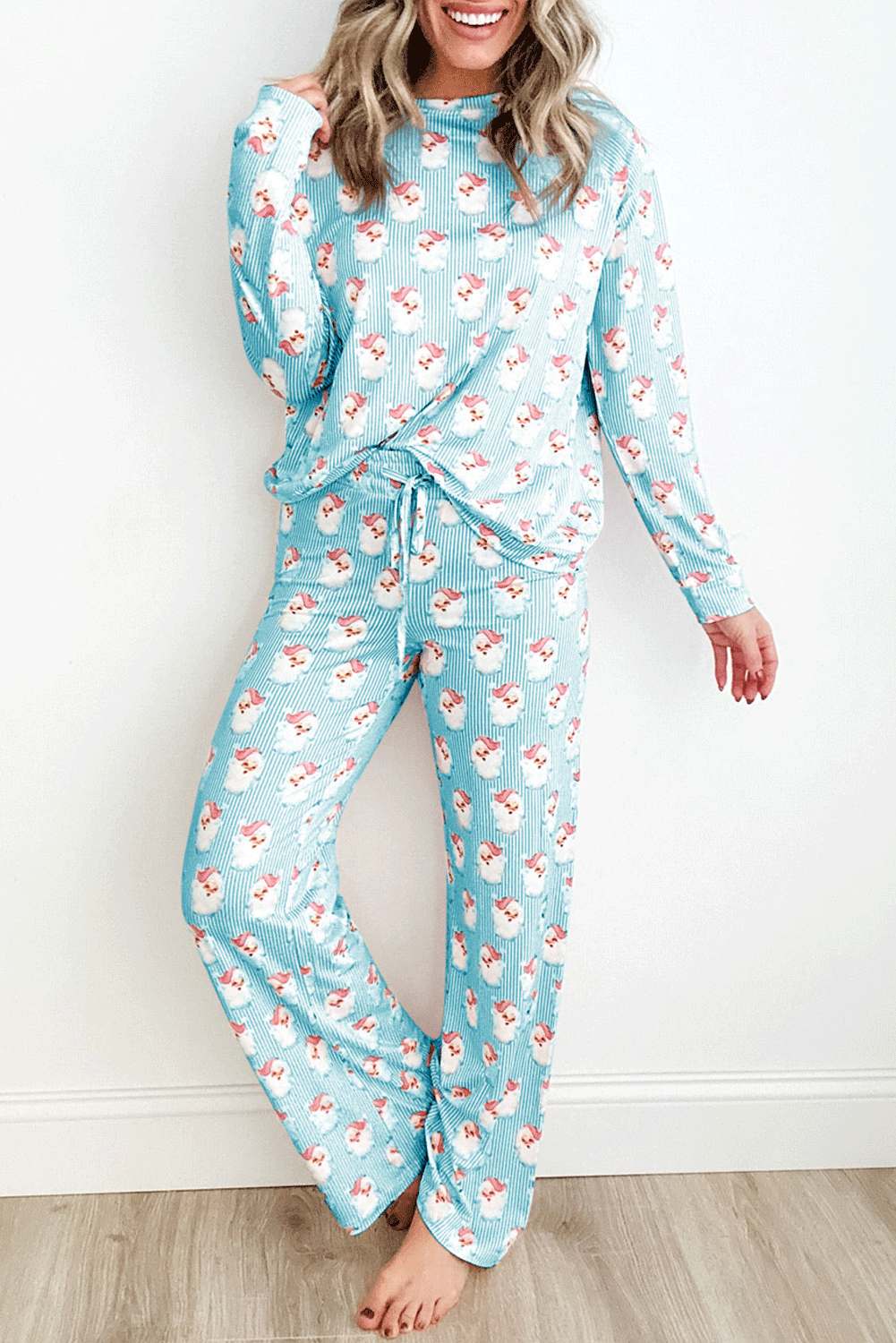 Santa Print Long Sleeve Top and Pants Lounge Set - Sydney So Sweet