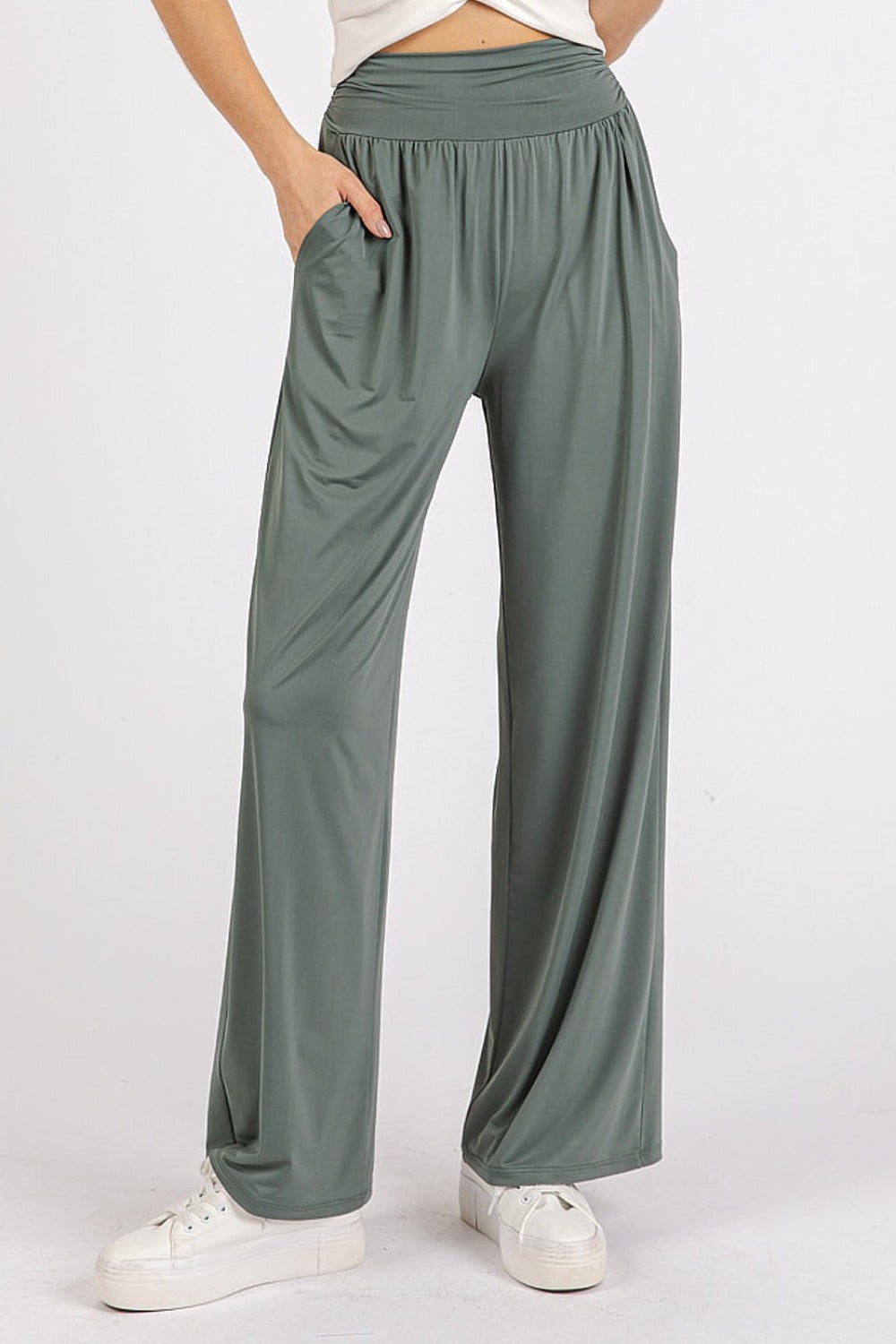 Mittoshop Stretch Banded Waist Wide Leg Pants with Pockets - Sydney So Sweet