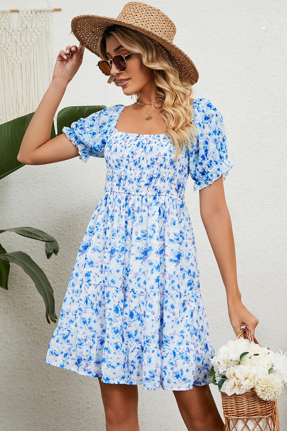 Smocked Printed Flounce Sleeve Mini Dress - Sydney So Sweet