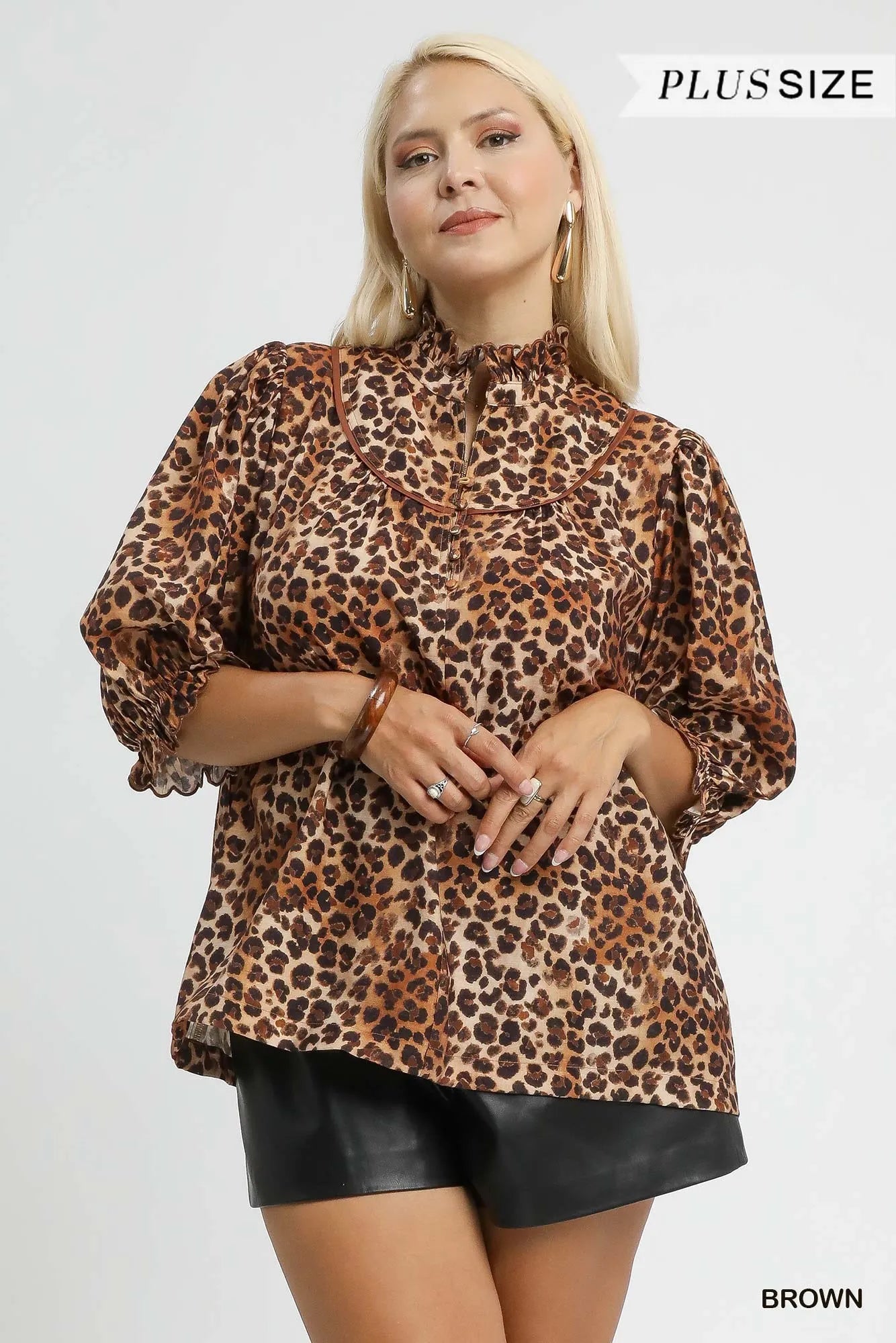 Umgee Full Size Leopard Print Ruffle Neck Blouse Plus Size - Sydney So Sweet