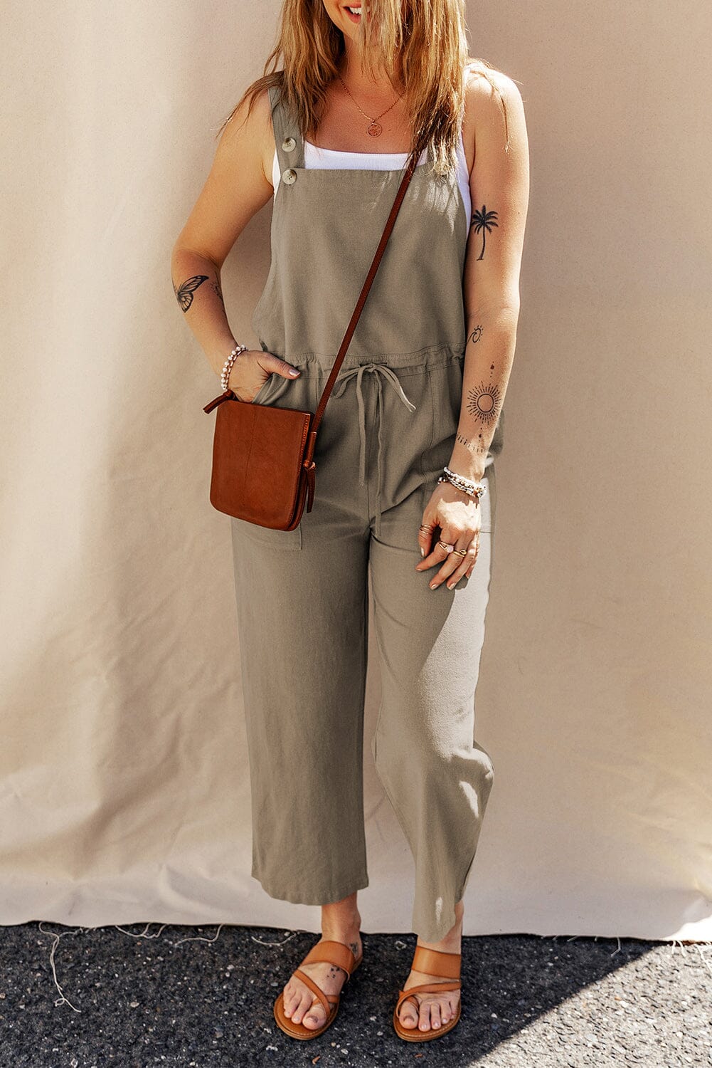 Drawstring Wide Strap Overalls with Pockets - Sydney So Sweet