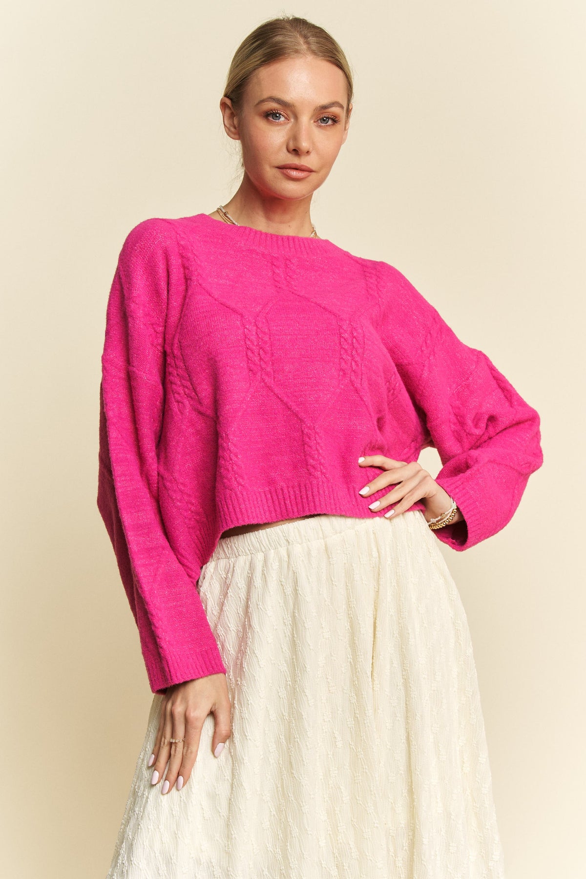 Davi &amp; Dani Diamond Cable Pattern Drop Shoulder Sweater - Sydney So Sweet