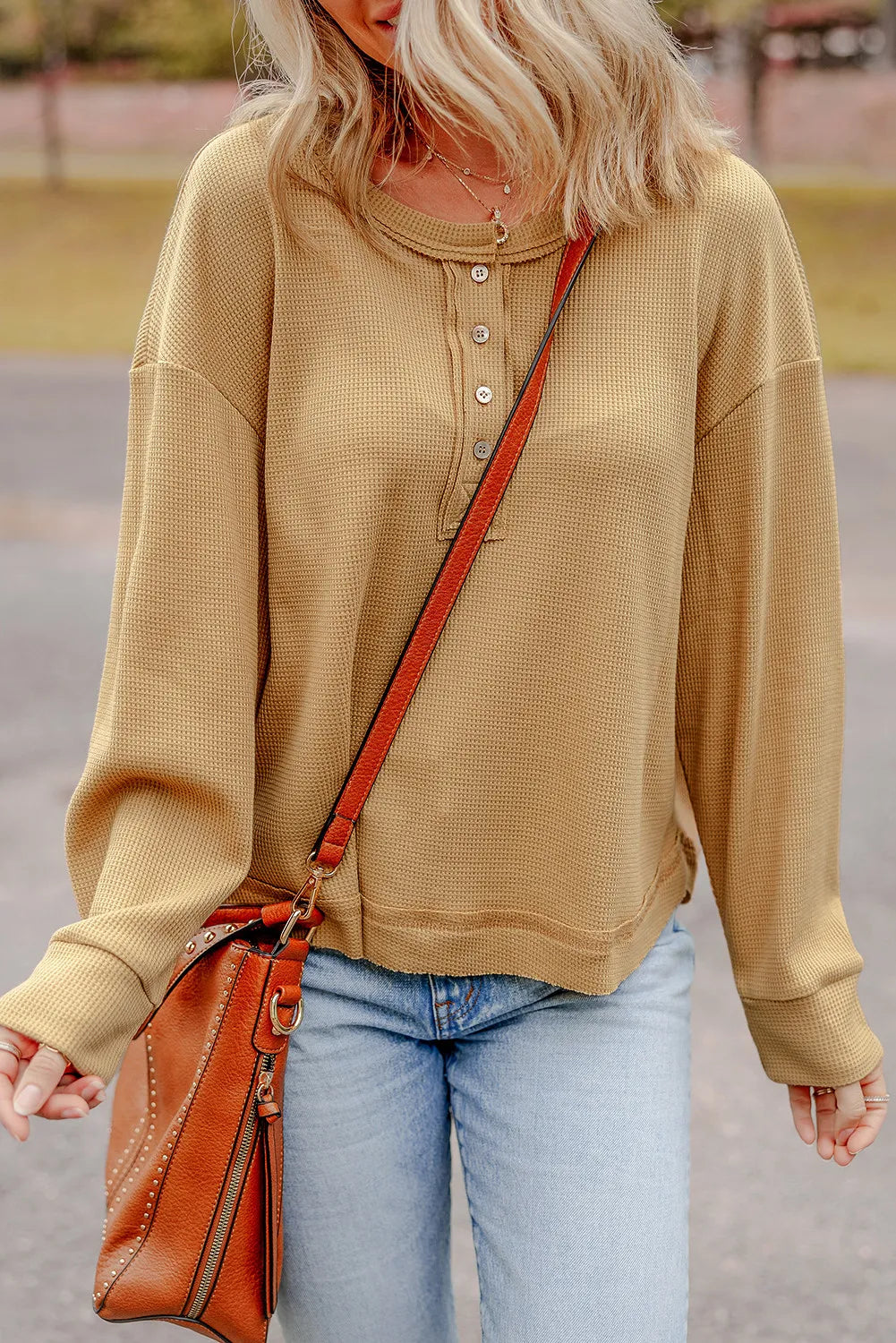 Waffle-Knit Half Button Round Neck Long Sleeve Top - Sydney So Sweet