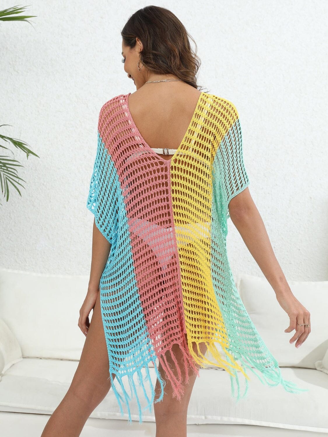 Fringe Color Block Scoop Neck Cover Up - Sydney So Sweet