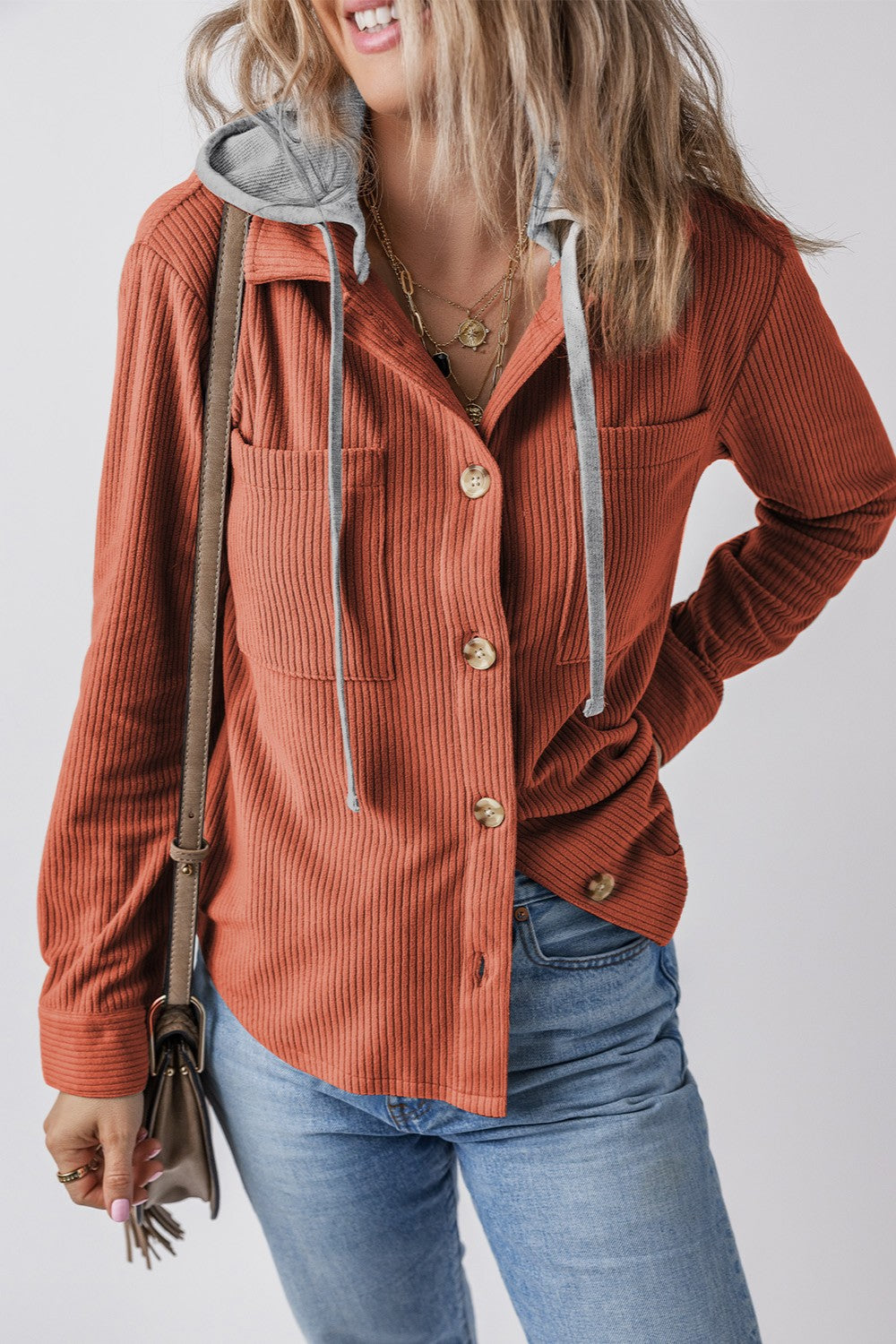 Drawstring Button Up Long Sleeve Hooded Jacket - Sydney So Sweet