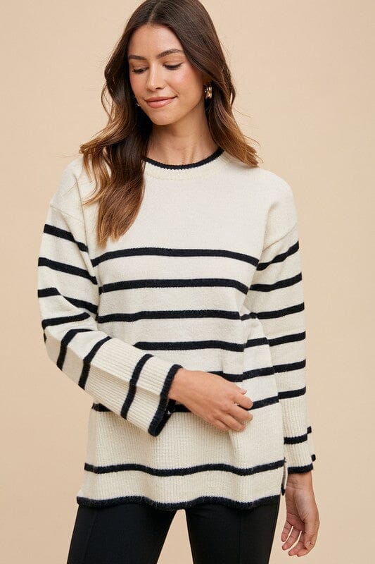 Annie Wear Side Slit Striped Round Neck Sweater - Sydney So Sweet