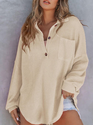 Waffle-Knit Dropped Shoulder Long Sleeve Sweatshirt - Sydney So Sweet