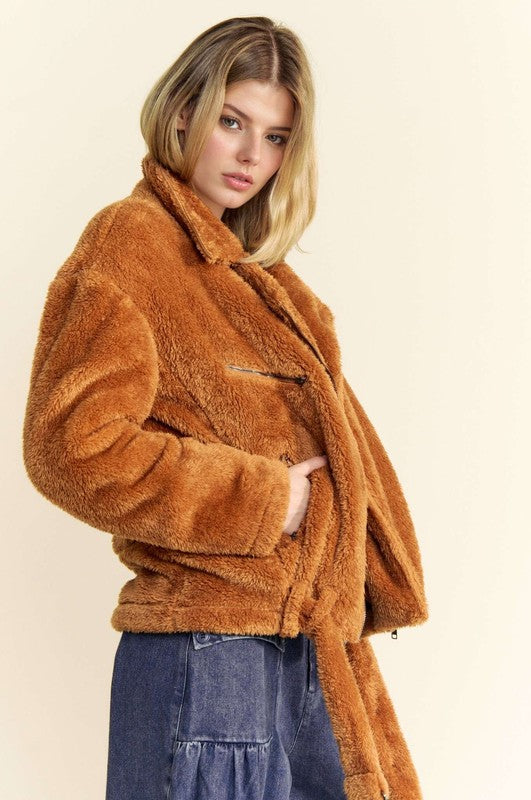 Davi & Dani Fuzzy Zip Up Collared Neck Jacket - Sydney So Sweet